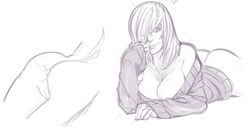 anal_beads ass bottomless breasts cleavage female hair_over_one_eye large_breasts long_hair lying monochrome naked_sweater off_shoulder on_stomach original pussy sho-n-d sketch smile solo sweater