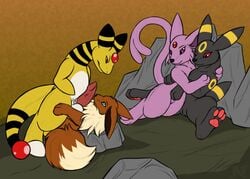 ampharos balls eevee eeveelution erection espeon eye_contact female fur furry_ears furry_tail hindpaw holding hug male namarx7 nintendo nude pawpads paws penis pokemon pokemon_(species) pussy red_eyes spread_legs spreading tail umbreon video_games