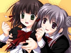 2girls asaba_yuu aster_(game) breast_grab cg clothed eroge game_cg matsumoto_yui multiple_girls small_breasts tagme yamabuki_miyuki young