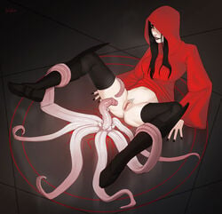 black_hair black_lipstick boots character_request clothed consensual_tentacles copyright_request female hood human imminent_penetration imminent_sex incase pubic_hair red_robe ritual robe solo summoning summoning_circle tentacle_grab tentacle_monster tentacles uncensored