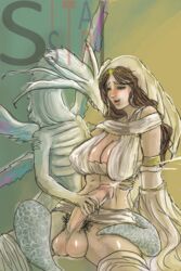 blush brown_eyes brown_hair cleavage cum dark_souls dickgirl dragon fromsoftware futanari hair handjob intersex interspecies male no_eyes pubes queen_of_sunlight_gwynevere seath_the_scaleless sistari