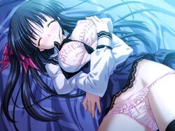 1girls asaba_yuu aster_(game) black_hair blush breasts censored cg clothed_female clothing eroge exposed_breasts exposed_pussy eyebrows_visible_through_hair eyes_closed female female_only game_cg hair_ribbon human large_breasts light-skinned_female light_skin long_hair lying_down lying_on_back lying_on_bed moonlight nipples panties ribbon skirt smile tie undressing wide_hips yuzuki_saya