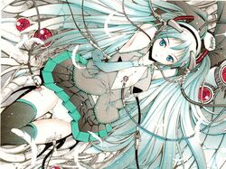 cable color detached_sleeves feathers female hatsune_miku high_res highres long_hair lying moonsorrow navel necktie open_clothes open_shirt panties shirt skirt solo thighhighs tied_hair traditional_media twintails underwear vocaloid white_skin