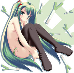 hatsune_miku long_hair namamo_nanase panties shimapan striped striped_panties thighhighs tied_hair topless twintails underwear very_long_hair vocaloid