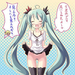 1boy 1girls bra dekosuke female female_pubic_hair hatsune_miku long_hair male no_panties pubic_hair pussy ribbon skirt skirt_lift smiling text thighhighs tied_hair translated twintails very_long_hair vocaloid world_is_mine_(vocaloid)