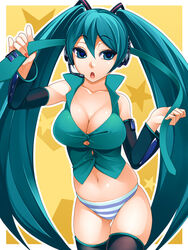 cleavage detached_sleeves green_eyes green_hair hatsune_miku headphones long_hair microphone midriff nail_polish navel necktie open_mouth panties shimapan striped striped_panties thighhighs tied_hair torigoe_takumi twintails underwear vocaloid