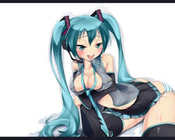 aqua_hair breast_hold breasts cleavage detached_sleeves hatsune_miku imazon long_hair microphone necktie open_clothes open_shirt oppai panties shimapan shirt side-tie_panties sitting skirt striped striped_panties thighhighs tied_hair twintails underwear vocaloid