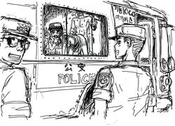 abuse_of_power authority_abuse doggy_style female from_behind gogocherry group human korean_text male monochrome on_duty police_man police_woman riot_police rough_sketch straight text uncensored uniform unprofessional_behavior