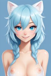 1girls ai_generated blue_hair exposed_breasts frosting frosting_on_breasts happy looking_at_viewer medium_breasts naked naked_female no_bra smile sole_female topless topless_female