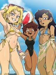 2023 3girls aged_up amphibia amphibia_(finale) anne_boonchuy arm_behind_back armpits arms_above_head arms_up asian asian_female bandaid bandaid_on_knee beach_ball beauty_mark belly_button belly_button_visible_through_clothing beverage bikini bikini_bottom bikini_top black_eyes black_hair blonde_hair blush blush_lines blushing_at_viewer bottomwear bracelet breast_size_difference breasts brown_hair centinel303 chocolate_and_vanilla choker cleavage clothed clothed_female clothes clothing collar curvy dark-skinned_female dark_skin disney disney_channel ear_piercing earrings eyeshadow eyewear facial_scar female female_only front_view fully_clothed gold_bikini gold_jewelry grady_sands grin hair hairclip hands_above_head happy holding_beverage holding_object human human_only jewelry legs_together light-skinned_female light_skin long_hair looking_at_viewer low-angle_view makeup marcy_wu medium_breasts medium_hair midriff mole mole_under_eye multiple_girls navel navel_visible_through_clothes one-piece_swimsuit open_mouth outdoors petite ponytail pose posing raised_arm raised_leg sasha_waybright scar scars_all_over skirt small_breasts smile smiling smiling_at_viewer standing stomach straight_hair sunglasses sunglasses_on_head swimsuit tan-skinned_female tan_body tan_skin teeth thighs thong thong_bikini three-quarter_portrait tongue topwear trio