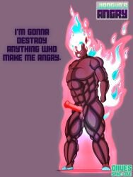 absurd_res angry angry_face anthro bad_anatomy biceps black_body blue_fire colored_fire diives fire flaming_hair full-length_portrait genitals hi_res human jianguo male male/male mammal muscular muscular_male penis portrait powerful_sub pseudo_hair scary_face serious_face spikelove15 standing xingzuo_temple