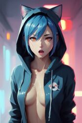 1girls ai_generated blue_hair cat_hoodie cum hoodie medium_breasts open_mouth sole_female standing unzipped_jacket