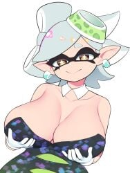 bellupup big_breasts black_dress boob_window clothed cupping_breasts earrings female female_only green_hair hands_on_breasts holding_breast holding_own_breast light-skinned_female light_hair light_skin marie_(splatoon) mole mole_under_eye multicolored_hair nintendo no_bra pointed_ears pointy_ears splatoon symbol-shaped_pupils tentacle_hair white_gloves white_hair yellow_eyes