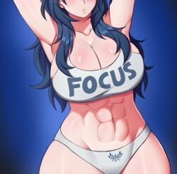 1girls abs armpits arms_up blue_hair breasts byleth_(fire_emblem) byleth_(fire_emblem)_(female) cleavage crest_(fe3h) english_text eyes_out_of_frame female fire_emblem fire_emblem:_three_houses huge_breasts jadenkaiba light-skinned_female light_skin long_hair midriff navel nintendo panties remake sports_bra text text_on_clothing toned underwear white_panties