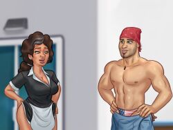 1boy 1girls 2d ass bandana blurry blurry_background bottomwear breasts brown_hair cleavage clothed clothing consuela_(summertime_saga) curvy curvy_body curvy_female curvy_figure darkcookie digital_drawing_(artwork) digital_media_(artwork) duo ear_piercing earrings hairband half-dressed hand_on_head hands_on_hips hat headwear latina light-skinned_female light_skin long_hair looking_at_partner looking_down maid maid_outfit maid_uniform male male/female muscular muscular_male necklace on_floor outdoors outside piercing piercings ponytail pushed ricardo_(summertime_saga) ricardo_milos standing summertime_saga thick_thighs topless topwear underwear