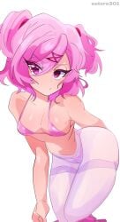 1girls bent_over bikini_top doki_doki_literature_club fat_ass looking_at_viewer natsuki_(doki_doki_literature_club) panties pantyhose pink_eyes pink_hair satoro301 solo tagme white_background