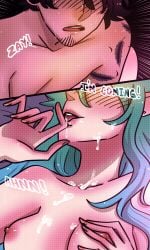 blush comic_panel cum_on_body cum_on_breasts cum_on_face down_to_earth glowing_eyes green_hair hand_on_breast highres kade_(down_to_earth) licking_lips long_hair pointy_ears pookie_senpai tattoo text webcomic webtoon yellow_eyes zaida zaida_(down_to_earth)