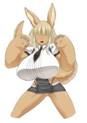 aged_up alternate_costume anthro big_breasts blonde_hair blouse female female_only full_body fur hip_vent horizontal_pupils huge_breasts lagomorph_humanoid long_ears long_tail looking_at_viewer made_in_abyss microskirt midori_no_iruka nanachi narehate necktie short_hair solo standing tail tan_fur whiskers yellow_eyes