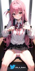 ai_generated blue_eyes blush bocchi_the_rock! clothed gotou_hitori hair_ornament long_hair n_a_me panties pink_hair pink_panties school_uniform sitting sitting_on_chair spread_legs tagme