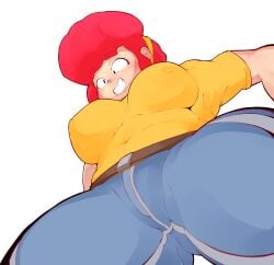 brawl_stars clothed female from_below huge_breasts lewd_potato looking_at_viewer mature_female milf pam_(brawl_stars) red_hair smile solo tummy wide_hips