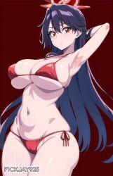 ai_generated bambietta_basterbine big_breasts bikini bleach bleach:_the_thousand-year_blood_war curvy_figure dark_hair fickjay925 hat large_breasts looking_at_viewer red_eyes skindentation sternritter