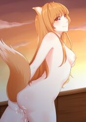 1girls ass breasts completely_nude cum cum_on_ass cum_on_mouth cum_on_pussy holo lewdlux looking_at_viewer nipples orange_hair outside pussy red_eyes spice_and_wolf standing wolf_ears wolf_girl wolf_tail