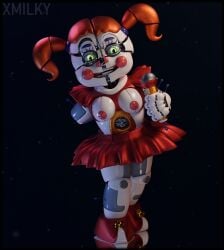 3d 3d_(artwork) baby_(fnafsl) blender blender_(software) blender_cycles blue_background breasts circus_baby circus_baby_(fnaf) circus_baby_(original) female female_only five_nights_at_freddy's five_nights_at_freddy's:_sister_location full_color green_eyes looking_at_viewer medium_breasts microphone nipples orange_hair red_clothing robot robot_girl shoes skirt solo solo_female white_body white_skin x3milky