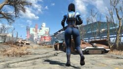 1girls 3d ass bethesda_softworks black_hair bodysuit clothed dat_ass fallout fallout_(series) fallout_4 female female_protagonist gun human jumpsuit long_gun pip-boy screenshot short_hair skin_tight standing tight_clothes tight_clothing vault_dweller vault_girl vault_meat vault_suit weapon