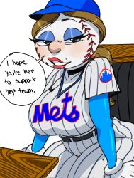 1girls 2023 baseball_(sport) baseball_cap baseball_uniform big_breasts blue_eyeshadow booth breasts brown_hair color colored english_text eyeshadow female innuendo mascot mascot_costume meme mrs._met new_york_mets red_lips red_lipstick round_head round_nose seanmalikdesigns seated seductive seductive_eyes seductive_look seductive_smile sharp_eyebrows speech speedo table tagme talking talking_to_viewer text text_bubble twitter_link white_body white_uniform wide_hips