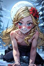 1girls aged_up ai_generated blonde_hair dont_starve dont_starve_together female female_only forest leaning_forward on_ground small_breasts smile smiling snow solo wendy_(don't_starve)