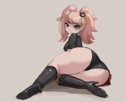 1girls ass bear_hair_ornament black_boots black_footwear black_panties black_shirt closed_mouth danganronpa dippsheep grey_eyes hair_ornament high_heel_boots junko_enoshima long_hair looking_at_viewer looking_back on_side pink_hair simple_background skirt smile solo thick_thighs twintails upskirt