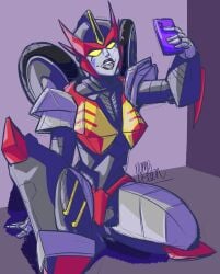 1girls alien_girl armor armored_female cybertronian decepticon dumbdelvon female female_focus female_only flamewar full_body robot robot_girl self_shot smug smug_face solo solo_focus sticking_out_tongue the_rise_(transformers) tongue_out transformers transformers_idw yellow_eyes