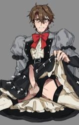 belt blush blushing blushing_at_viewer blushing_male bowtie brown_hair dress dress_lift embarrassed erection garter garter_straps glasses honkai:_star_rail honkai_(series) lifting_skirt looking_at_viewer male_only panties_aside penis penis_out penis_through_leghole welt_yang_(honkai:_star_rail) yellow_eyes