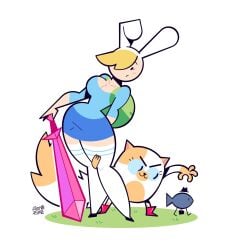 adventure_time backpack belt big_breasts blonde_hair blue_eyes blush boots bunny_ears cake cake_the_cat cat_ears cat_tail cleavage clothing female fionna_and_cake fionna_campbell fionna_the_human fionna_the_human_girl fish goodbyellow hand_on_thigh headgear headwear holding_object human legwear looking_at_viewer pale_skin sfw shirt skirt stockings sword tagme thick_thighs tophat voluptuous weapon wide_hips