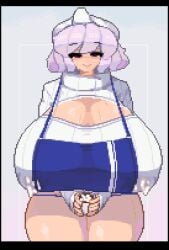 1girls alternate_version_available big_breasts breasts_out cleavage clothed_female commission huge_breasts lactation lactation_through_clothes lavender_hair letty_whiterock light-skinned_female pixel_art purple_eyes solo solo_female suwacrab sweat sweater thick_thighs thighs touhou