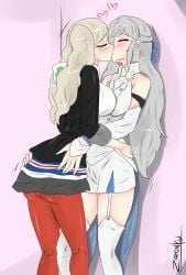 2girls ann_takamaki atlus blonde_hair breasts breasts_visible_through_clothing female female_only kissing kotone_montagne megami_tensei multiple_girls persona persona_5 persona_5:_the_phantom_x school_uniform silver_hair twintails yuri zronku