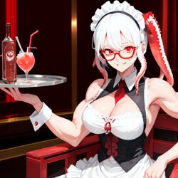 ai_generated drinks glasses glowing_eyes grinning maid_headdress maid_uniform muscular_female nemus_waifu_generator original_character red_eyes serving_tray shapeshifter tentacle white_hair