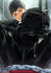 1boy black_bodysuit black_hair bodysuit brown_eyes chains gas_mask gay haskey latex latex_bodysuit latex_clothing latex_suit looking_at_viewer male_domination male_only mask rubber rubber_clothing rubber_suit smiling smiling_at_viewer tube yaoi zipper