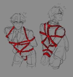 annoyed annoyed_expression blush_lines bondage glasses hands_behind_back honkai:_star_rail honkai_(series) male_only red_rope rope rope_bondage suit welt_yang_(honkai:_star_rail)