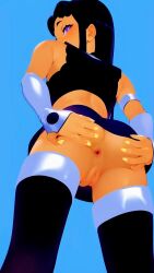 1girls 3d 3d_(artwork) anus artist_request ass blackfire dc dc_comics female female_only komand'r orange_skin purple_eyes purple_hair pussy solo teen_titans upskirt