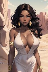 1girls african african_female ai_generated armlet artist_name big_breasts big_lips black_hair bracelet breasts brown_eyes busty cleavage clothed clothing curvaceous curvy curvy_figure dark-skinned_female dark_skin desert detailed_background dress earrings eyelashes female female_human female_only hips hourglass_figure human iknowkungfu42 jewelry large_breasts lips long_hair looking_at_viewer original original_character parted_lips solo thick_lips voluptuous wavy_hair white_clothing white_dress wide_hips