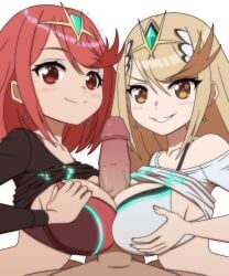 1boy 2girls :d animated black_shirt blonde_hair bra breasts casual circlet closed_mouth clothed_female_nude_male clothes_lift double_paizuri earrings grin highres jewelry kyde large_breasts large_penis long_hair long_sleeves looking_at_viewer medium_hair multiple_girls mythra mythra_(xenoblade) nude penis pov pyra pyra_(xenoblade) red_bra red_eyes red_hair shirt shirt_lift simple_background smile straight teeth underwear v-shaped_eyebrows veins veiny_penis white_background white_bra white_shirt xenoblade_(series) xenoblade_chronicles_(series) xenoblade_chronicles_2 yellow_eyes