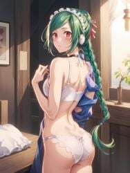 ai_generated android blush bra braid braided_hair braided_ponytail female female_only gabrail gintama green_hair hair_ornament headphones lace-trimmed_panties long_hair looking_at_viewer looking_back maid maid_headdress panties red_eyes single_braid small_breasts solo tama_(gintama) undressing very_long_hair white_bra white_panties