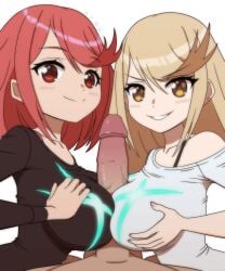 1boy 2girls :d animated black_shirt blonde_hair breasts casual circlet closed_mouth clothed_female_nude_male double_paizuri earrings grin highres jewelry kyde large_breasts large_penis long_hair long_sleeves looking_at_viewer medium_hair multiple_girls mythra mythra_(xenoblade) nude penis pov pyra pyra_(xenoblade) red_eyes red_hair shirt simple_background smile straight teeth v-shaped_eyebrows veins veiny_penis white_background white_shirt xenoblade_(series) xenoblade_chronicles_(series) xenoblade_chronicles_2 yellow_eyes