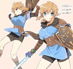 blonde_hair blue_clothing bouncing_breasts cape hylian japanese_text link_(tears_of_the_kingdom) rule_63 shield simple_background sword tears_of_the_kingdom the_legend_of_zelda the_legend_of_zelda:_tears_of_the_kingdom ttanuu.