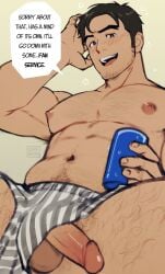 1boy abs arm_up armpit_hair artist_name bara beard_stubble beowulf_(skullgirls) black_hair blushing boxers chest_hair clothing_aside drink english_commentary english_text gay hairy holding holding_drink large_pectorals leg_hair looking_at_viewer looking_down male_focus male_only male_underwear male_underwear_aside muscular muscular_male navel_hair open_mouth pectorals penis pubic_hair ruffling_hair sideburns simple_background skullgirls speech_bubble striped striped_male_underwear teeth testicles thick_eyebrows topless_male underwear upper_teeth_only veins vertical_stripes zink_(zink_mchn)