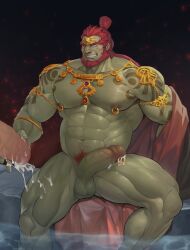 1boy abs absurdres armband bara beard biceps boner chest_harness colored_skin cum erection facial_hair feet_out_of_frame ganondorf gay gem glensaru green_skin harness highres huge_cock large_pectorals long_hair male male_focus male_only manly mature_male muscular muscular_male nipple_piercing nipple_rings nipples nude pectorals penis penis_piercing piercing pool pubic_hair red_hair semen sitting smile testicles the_legend_of_zelda the_legend_of_zelda:_tears_of_the_kingdom thick_arms thick_eyebrows thick_thighs thighs towel veins water yellow_eyes