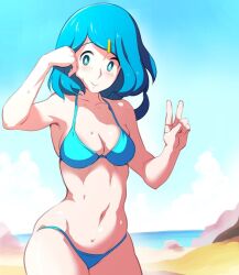 1female 1girls beach big_breasts bikini blue_eyes blue_hair blush breasts bright_pupils closed_mouth cloud collarbone cowboy_shot day e_keroron ero_kaeru freckles green_bikini green_eyes hair_ornament hairclip hands_up holding_hair lana's_mother_(pokemon) long_hair looking_at_viewer looking_down mature_female milf navel no_sclera outdoors pokemon pokemon_sm rock sand sky smile solo swimsuit v water white_pupils wide_hips