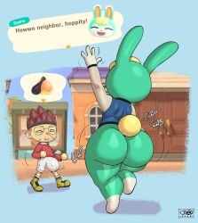 2boys animal_crossing anthro ass ass_clapping big_ass big_butt biting_lip bottom_heavy bottomless bubble_butt bulge clapping_cheeks clothing curvy curvy_figure dat_ass erection_under_clothes erection_under_clothing fat_ass feet femboy fur furry girly glasses greeting human jacket joaoppereiraus lagomorph large_ass male male_only nosebleed rabbit rear_view sasha_(animal_crossing) shortstack smile teapot_(body_type) text_box thick_ass thick_thighs villager_(animal_crossing) waving wide_hips