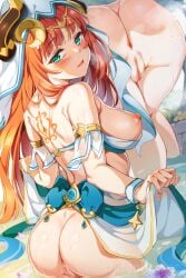 anus armlet ass back back_tattoo blue_skirt blush breasts breasts_out censored fake_horns female flower_tattoo genshin_impact green_eyes hair_ornament harem_outfit has_bad_revision has_watermarked_revision highres horns large_breasts long_hair looking_at_viewer looking_back miazi multiple_views nilou_(genshin_impact) nipples parted_lips pussy red_hair sash sidelocks skirt tattoo variant_set veil vision_(genshin_impact) wading water wet wrist_cuffs